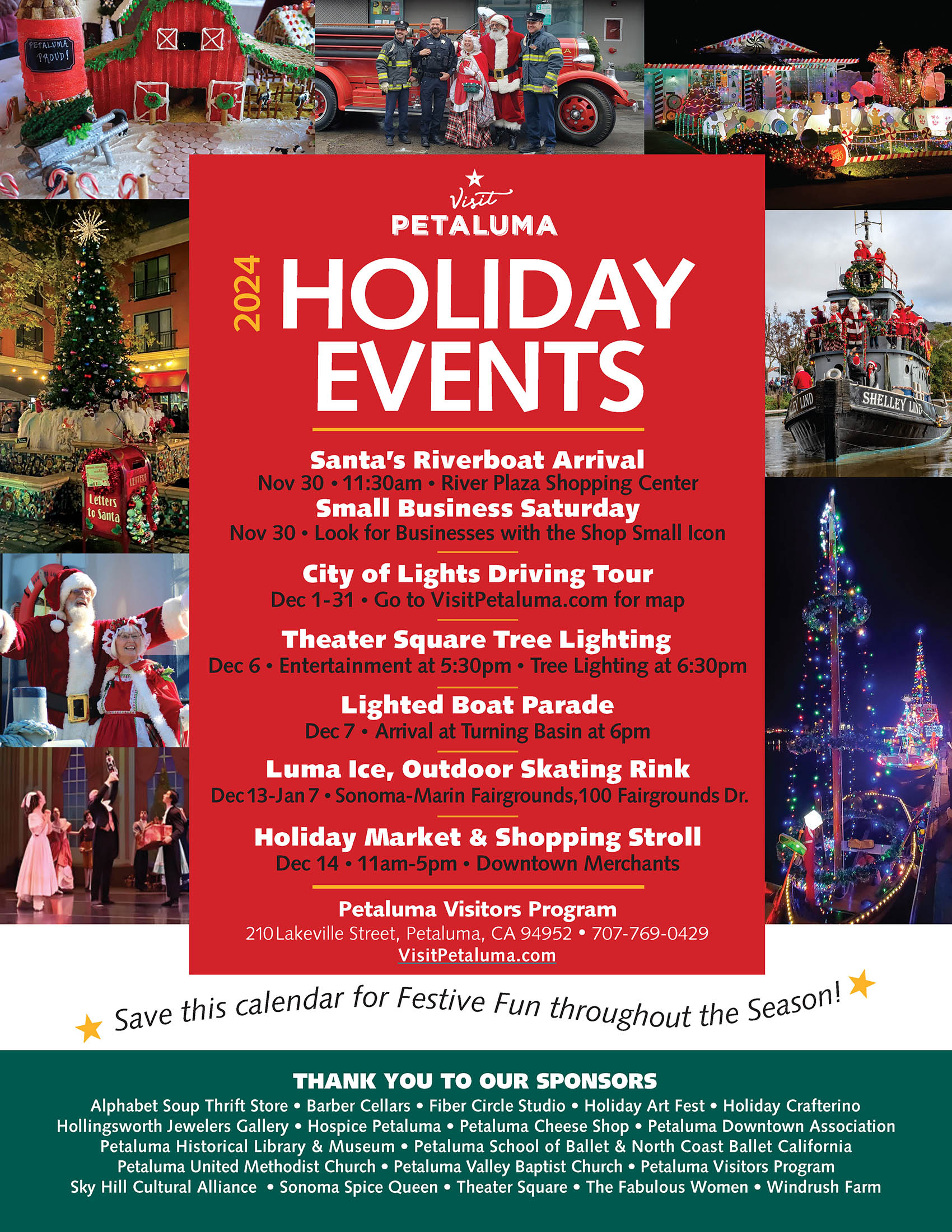 Flyer showing featured holiday events amid festive photos. Sponsors listed on bottom.