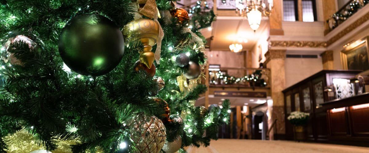 Hotel lobby decked out for the holidays. 